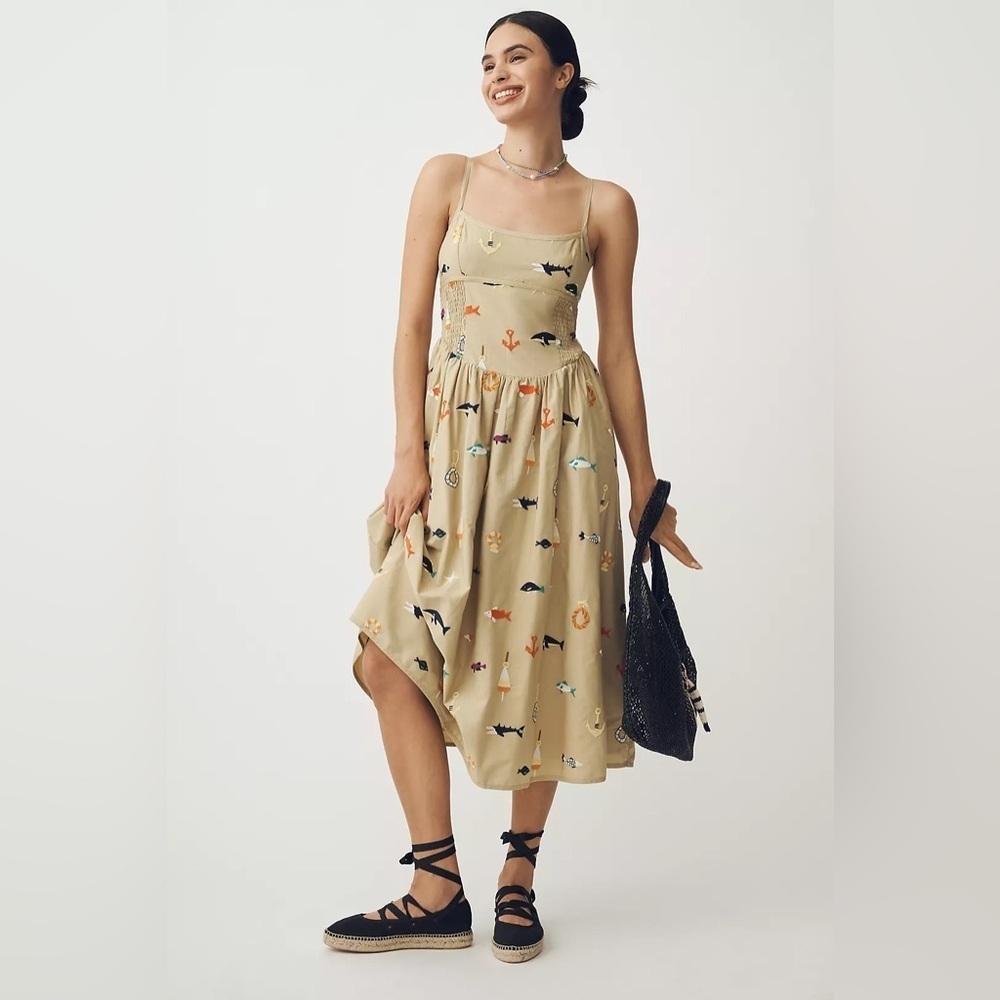 NWT! Maeve Sleeveless Square-Neck Drop-Waist Midi Dress Fish Embroidered 💠